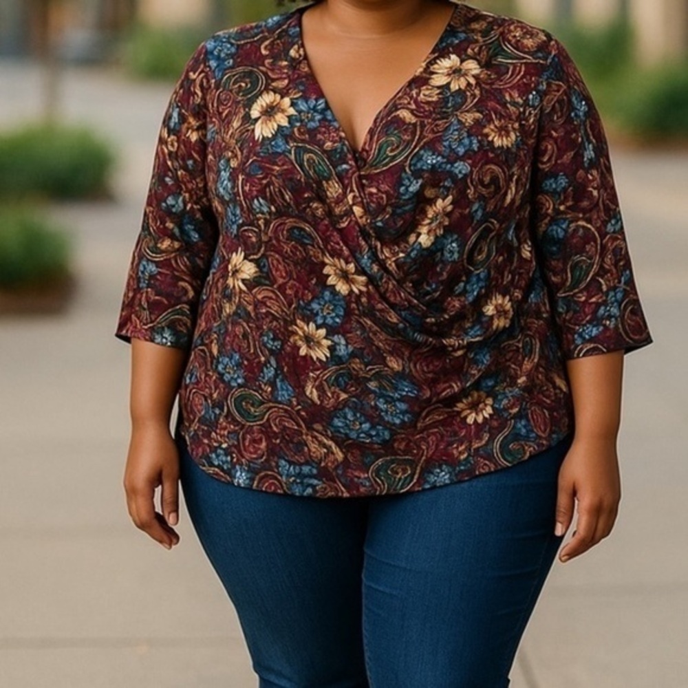 Chennault black and floral wrap front ruched V-neck